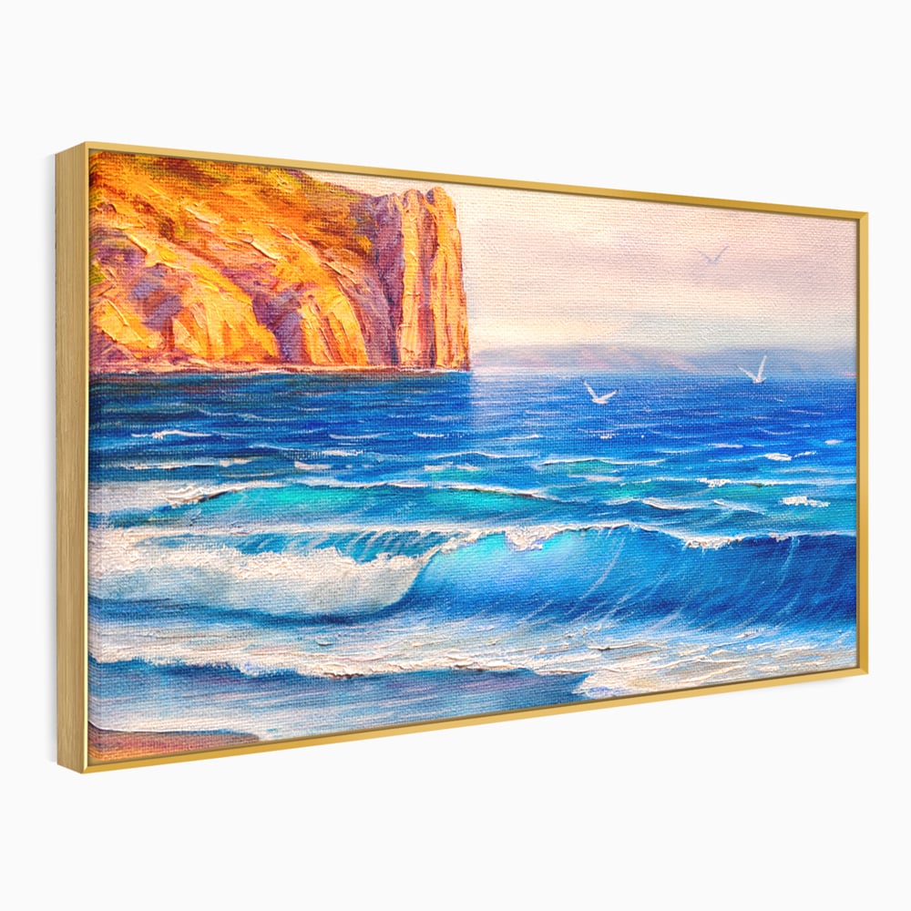 Tablou canvas cu pictura cu stanca pe malul marii, in rama de aluminiu auriu